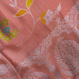 Peach Banarasi Silk Saree With Silver All-Over Floral Weave & Multicolour Lotus Motifs