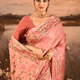 Peach With Gold And Silver Zari Strips With Meenakari Border Embroidery Designer Saree