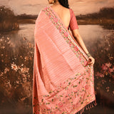 Peach With Gold And Silver Zari Strips With Meenakari Border Embroidery Designer Saree