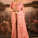 Dusky Rose Pink With Checks And Floral, Bird Motif Border Designer Saree