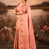 Dusky Rose Pink With Checks And Floral, Bird Motif Border Designer Saree