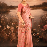 Dusky Rose Pink With Checks And Floral, Bird Motif Border Designer Saree