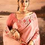 Dusky Rose Pink With Checks And Floral, Bird Motif Border Designer Saree