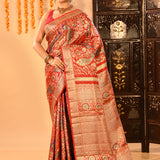 Ruby Red Peacock Jaal Traditional Kanjivaram Silk Saree