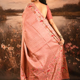 Dusky Rose Pink With Checks And Floral, Bird Motif Border Designer Saree