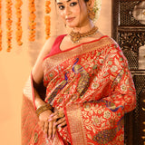Ruby Red Peacock Jaal Traditional Kanjivaram Silk Saree