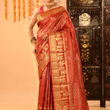 Crimson Red Kanjivaram Silk Saree With Figural Shikargah Motif Borders