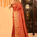 Crimson Red Kanjivaram Silk Saree With Figural Shikargah Motif Borders