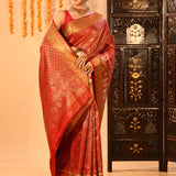 Crimson Red Kanjivaram Silk Saree With Figural Shikargah Motif Borders