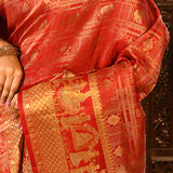 Crimson Red Kanjivaram Silk Saree With Figural Shikargah Motif Borders