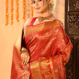 Crimson Red Kanjivaram Silk Saree With Figural Shikargah Motif Borders