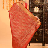 Crimson Red Kanjivaram Silk Saree With Figural Shikargah Motif Borders
