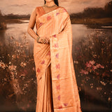 Peach With Embroidered Floral Design And Strips Embroidery Designer Saree