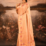 Peach With Embroidered Floral Design And Strips Embroidery Designer Saree