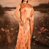 Peach With Embroidered Floral Design And Strips Embroidery Designer Saree