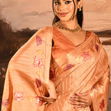 Peach With Embroidered Floral Design And Strips Embroidery Designer Saree