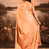Peach With Embroidered Floral Design And Strips Embroidery Designer Saree