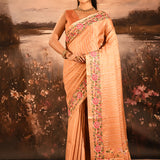 Peach Striped With Rose And Bird Motif Embroidered Border Designer Saree