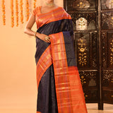 Navy Blue Kanjivaram Silk Saree With Contrast Orange Zari Striped Border