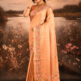 Peach Striped With Rose And Bird Motif Embroidered Border Designer Saree
