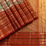White And Teal Multicolour Checks Pure Silk Kanjivaram Saree With Contrast Red Heavy Woven Border