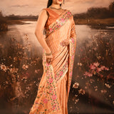 Peach Striped With Rose And Bird Motif Embroidered Border Designer Saree