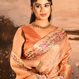 Peach Striped With Rose And Bird Motif Embroidered Border Designer Saree