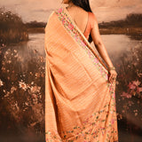 Peach Striped With Rose And Bird Motif Embroidered Border Designer Saree