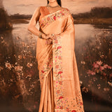 Coral Peach With All Over Checks And Floral, Birds Motif Border Designer Saree