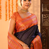 Navy Blue Kanjivaram Silk Saree With Contrast Orange Zari Striped Border