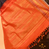 Navy Blue Kanjivaram Silk Saree With Contrast Orange Zari Striped Border