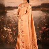 Coral Peach With All Over Checks And Floral, Birds Motif Border Designer Saree