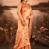 Coral Peach With All Over Checks And Floral, Birds Motif Border Designer Saree