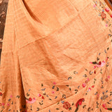 Coral Peach With All Over Checks And Floral, Birds Motif Border Designer Saree
