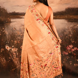 Coral Peach With All Over Checks And Floral, Birds Motif Border Designer Saree