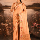 Warm Peach Dotted Weave With Floral Leaf Border Designer Saree
