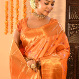 Vibrant Orange With Colourful Buttis And Broad Gold Zari Border In Kanjivaram Silk Saree