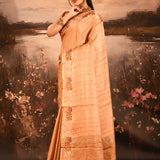 Warm Peach Dotted Weave With Floral Leaf Border Designer Saree