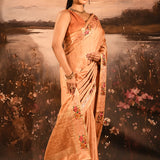 Warm Peach Dotted Weave With Floral Leaf Border Designer Saree