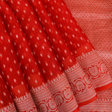 Red Kanjivaram Silk Saree With Silver Zari Butti And Woven Floral Border