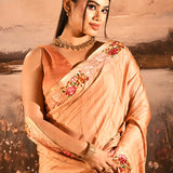 Warm Peach Dotted Weave With Floral Leaf Border Designer Saree