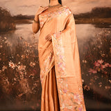 Warm Copper Checkered With Multicolor Floral Motif Border Designer Saree