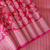 Rani Pink Kanjivaram Silk Saree With Silver Zari Floral Vine And Striped Border