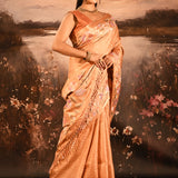 Warm Copper Checkered With Multicolor Floral Motif Border Designer Saree