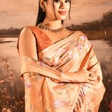 Warm Copper Checkered With Multicolor Floral Motif Border Designer Saree