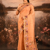 Peach Sheer Striped With Butterfly And Floral Embroidered Border Designer Saree