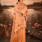 Peach Sheer Striped With Butterfly And Floral Embroidered Border Designer Saree
