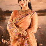 Peach Sheer Striped With Butterfly And Floral Embroidered Border Designer Saree