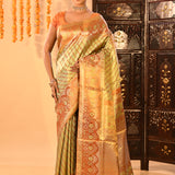 Mint Green With Coral Orange Border On Kanjivaram Tissue Silk Saree