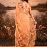 Peach Sheer Striped With Butterfly And Floral Embroidered Border Designer Saree